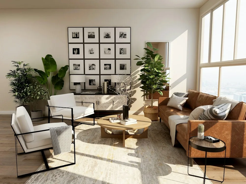 Sala de estar em tons naturais no conceito de website Forma